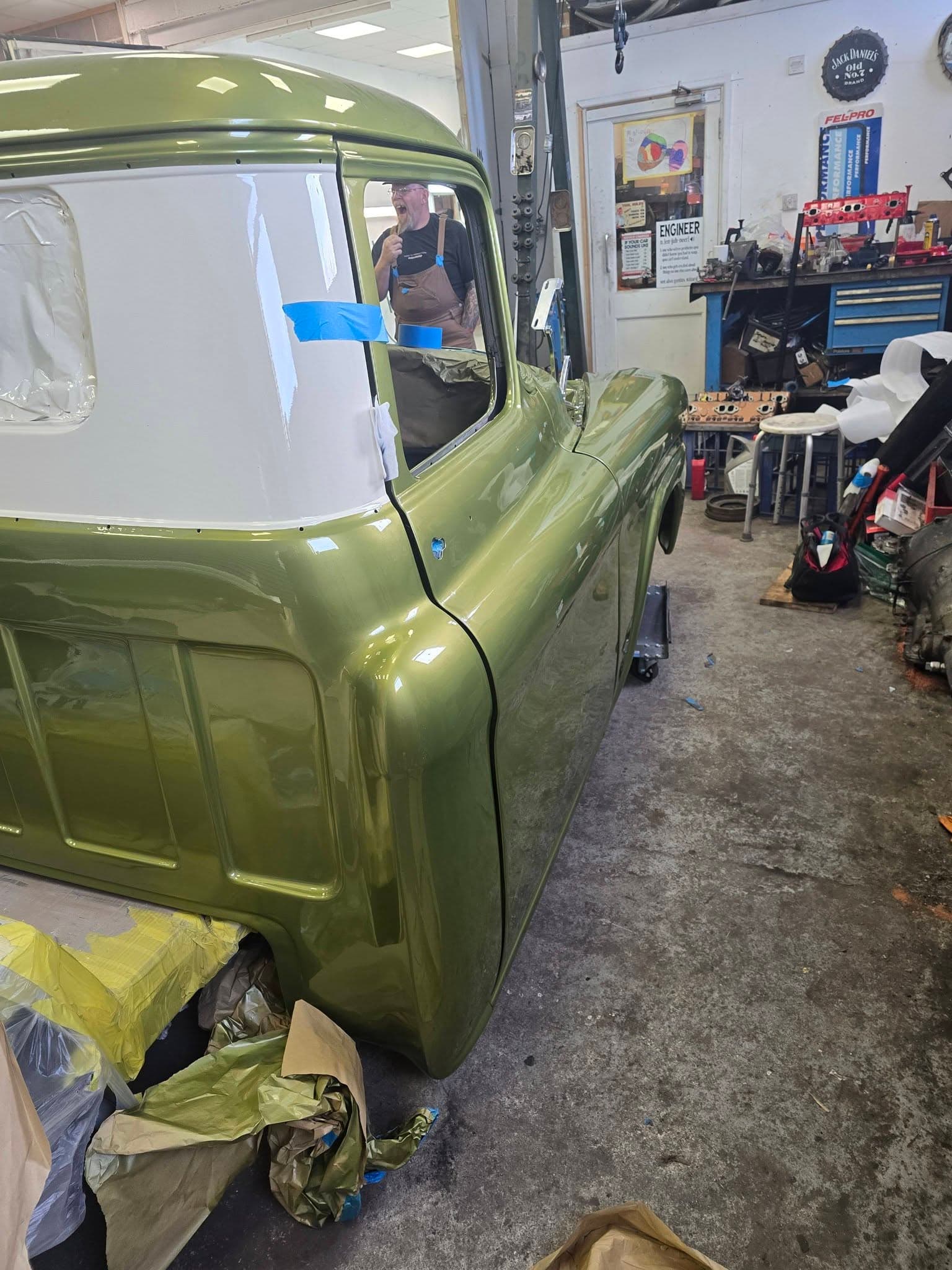 Pickup truck cab rear view with fresh paint