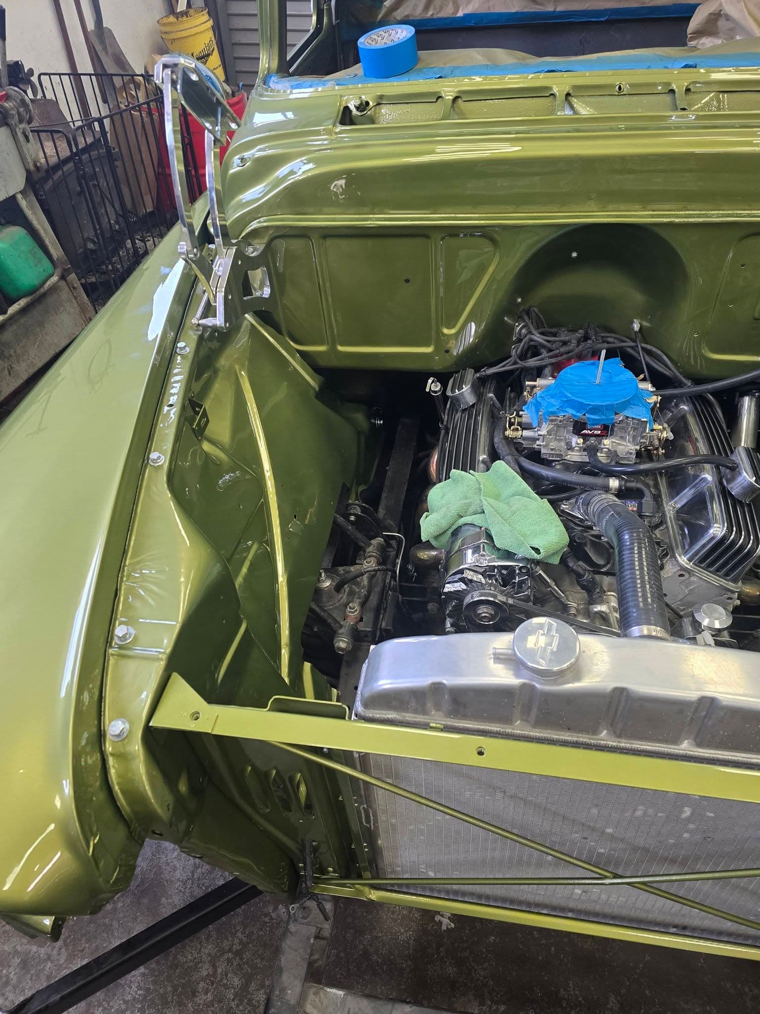 Engine bay of classic pickup truck after restoration